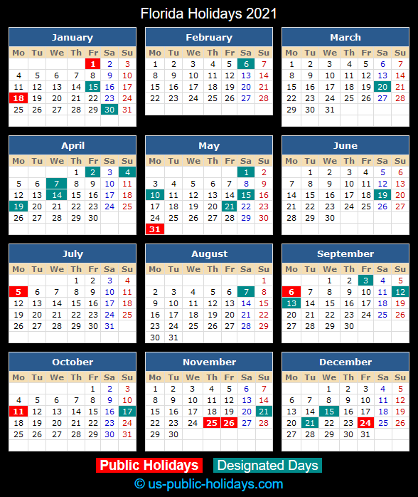 Florida Holiday Calendar 2021